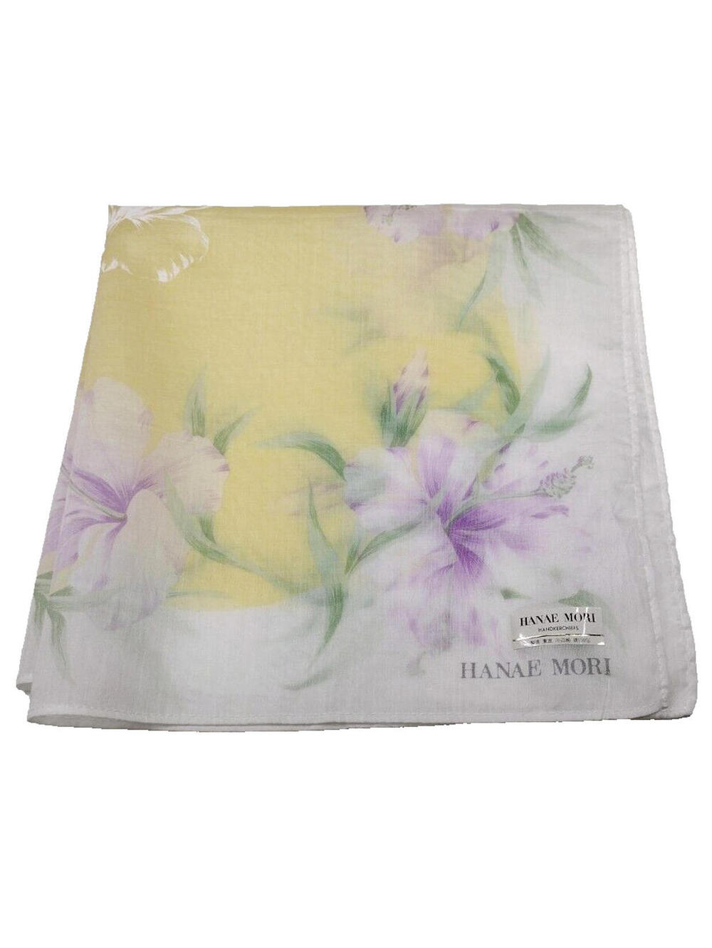 Vintage Hanae Mori Hankie Light Colors Floral White Cotton Handkerchief NEW OLD
